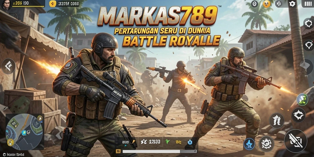 Tangkapan layar utama MARKAS789 menampilkan aksi intense dalam pertempuran Battle Royale.